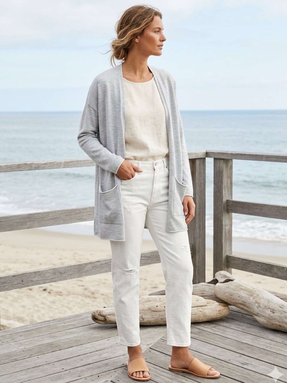 Eileen Fisher grey long line wool blend lightweight cardigan sweater size XXS